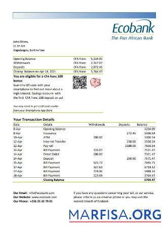 Printable Burkina Faso Ecobank bank statement excel sample
